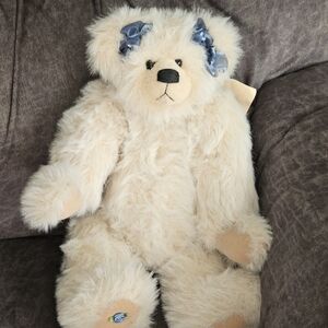 Cream Stuffed Teddy Bear with Blue Accents Vintsge Used Condition With Tags